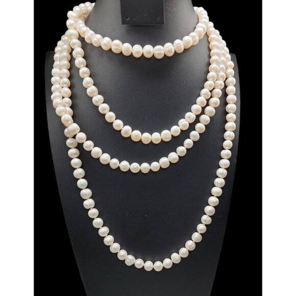 Freshwater Ringed Pearl Necklace 80" Glowing Bridal White 9mm-10mm Free Form